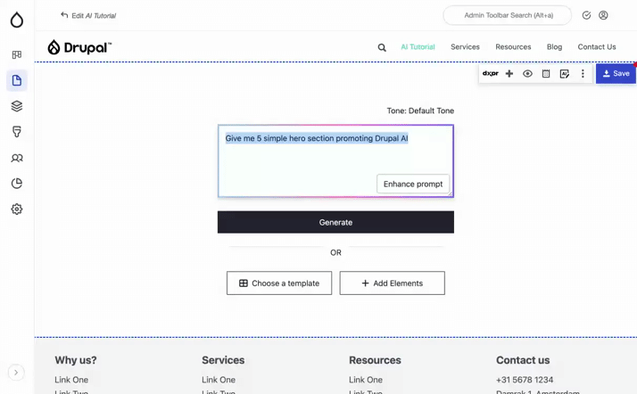 Demo of DXPR Builder AI generating hero sections