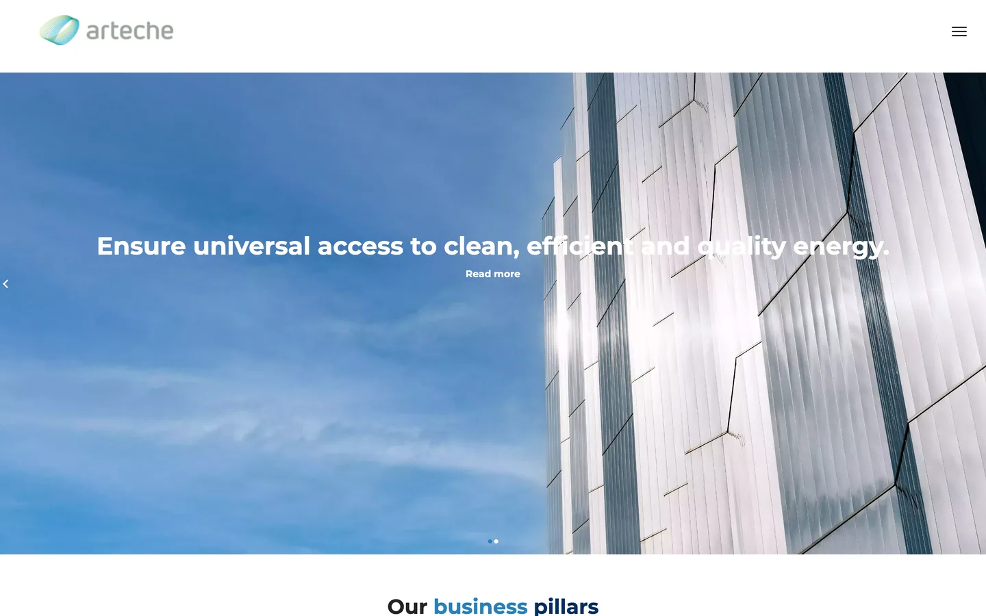 Arteche English homepage with a glass facade hero reading Ensure universal access to clean, efficient and quality energy