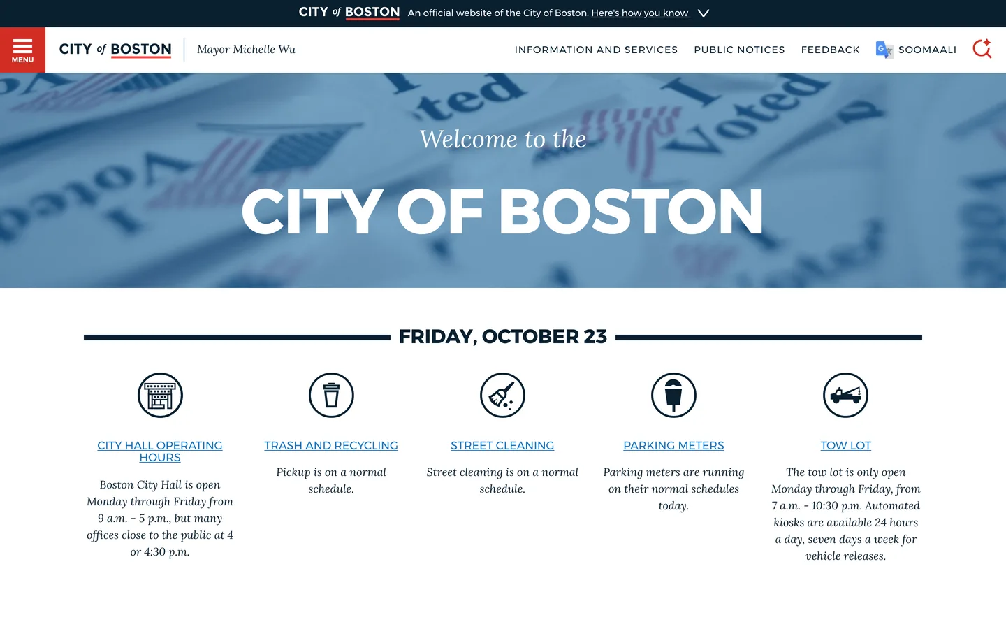 Boston.gov homepage with a Welcome to the City of Boston hero over a voting-sticker photo and daily service status icons