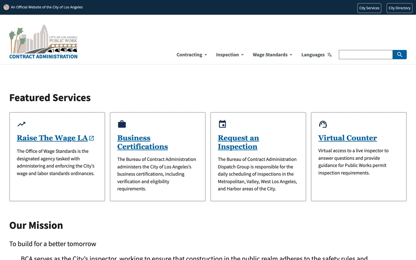 Bureau of Contract Administration homepage with the official City of Los Angeles banner and four Featured Services cards