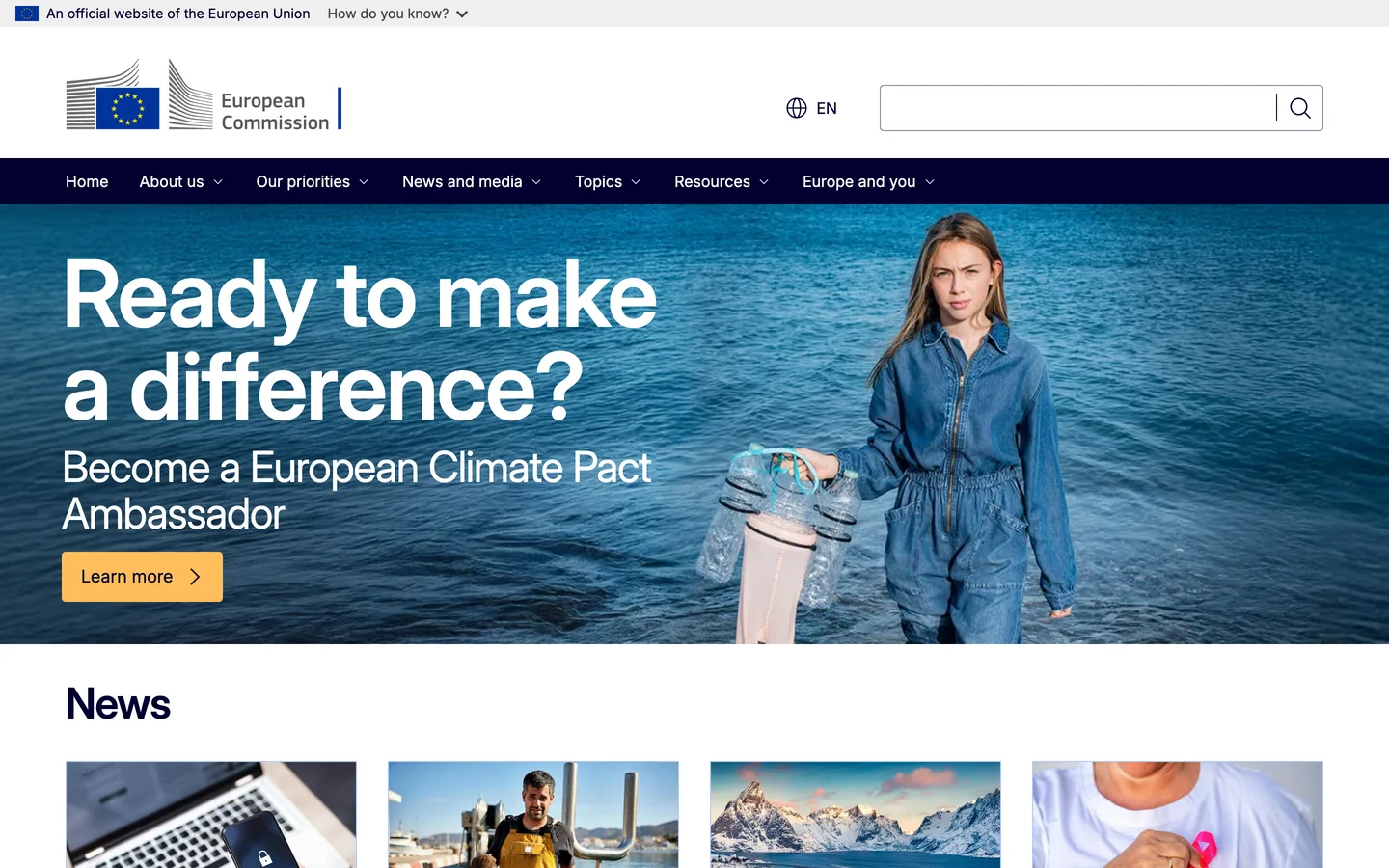 European Commission English homepage with a Climate Pact Ambassador hero and the start of the News section