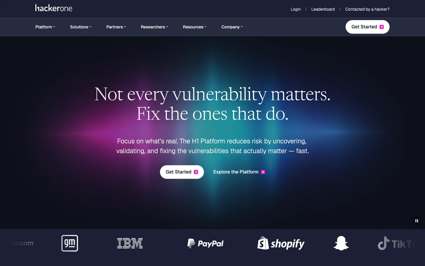 HackerOne homepage hero reading Not every vulnerability matters, fix the ones that do, above a customer logo strip