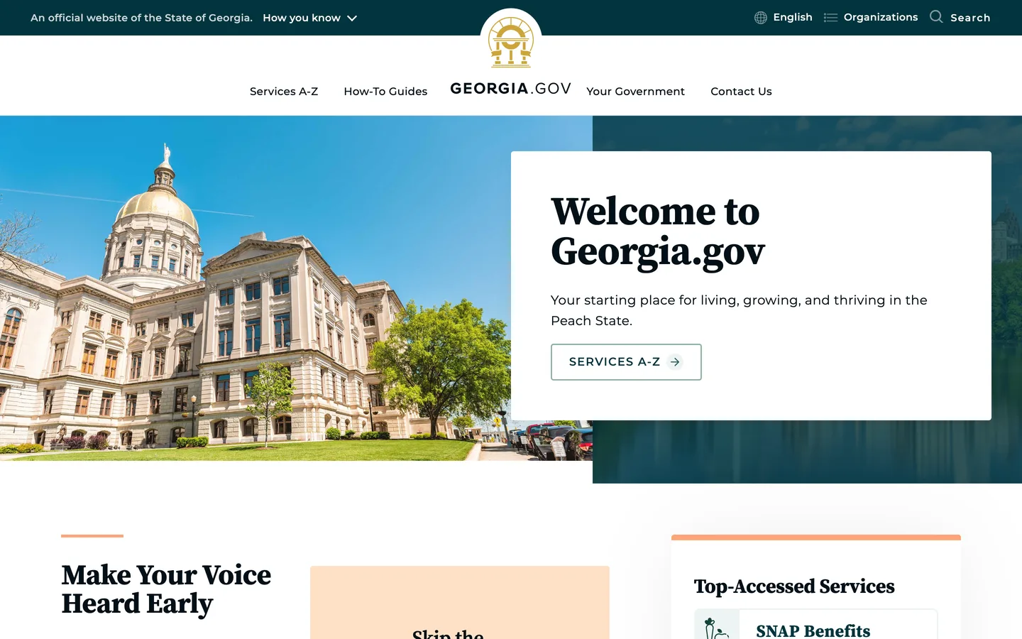 Georgia.gov homepage with the gold-domed State Capitol photo and a Welcome to Georgia.gov card