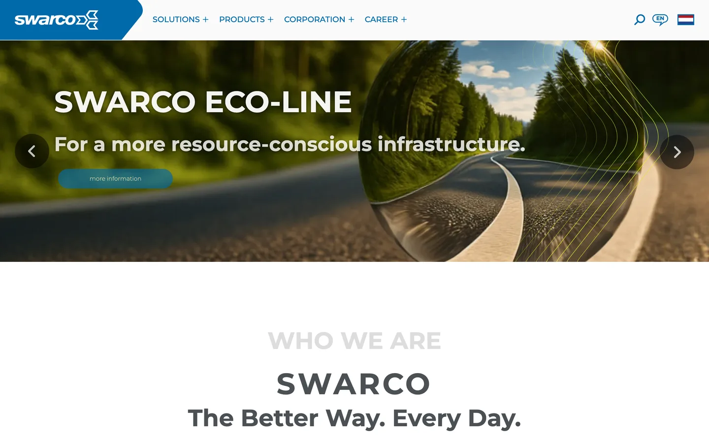 SWARCO homepage with a glass-sphere road hero for SWARCO ECO-LINE and the tagline The Better Way. Every Day.
