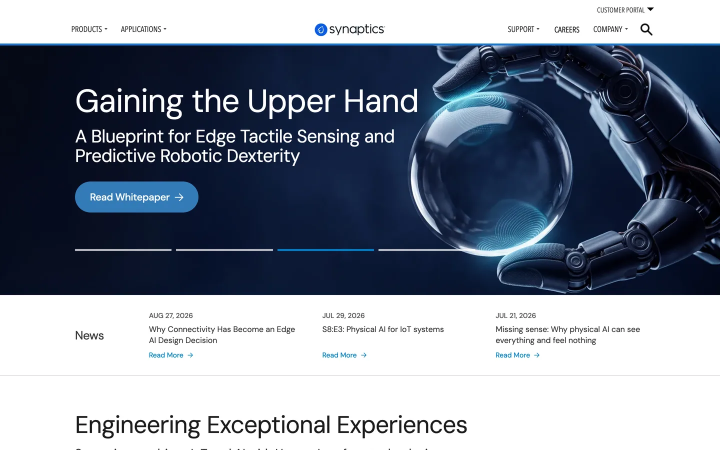 Synaptics homepage with a dark robotic-hand hero titled Gaining the Upper Hand and a dated news row below