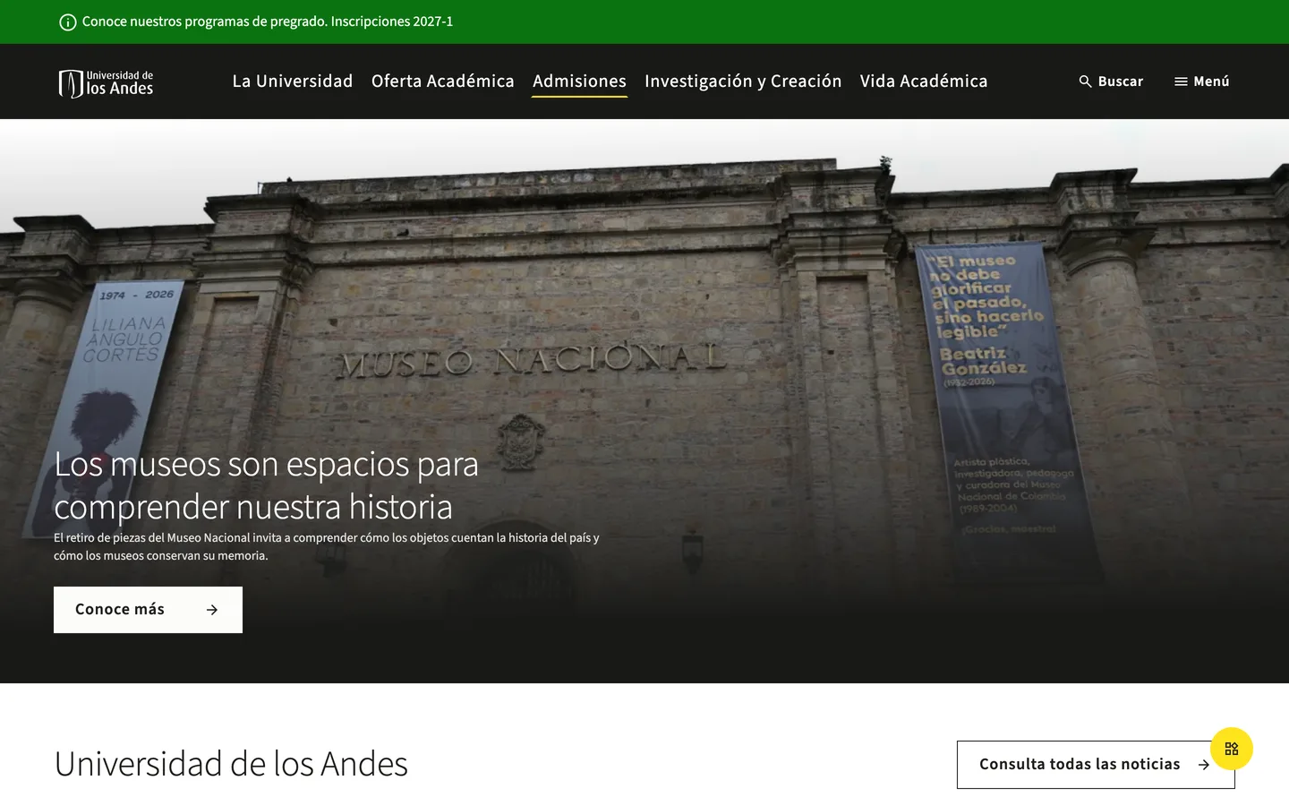 Universidad de los Andes homepage in Spanish with a Museo Nacional facade hero and a green admissions bar