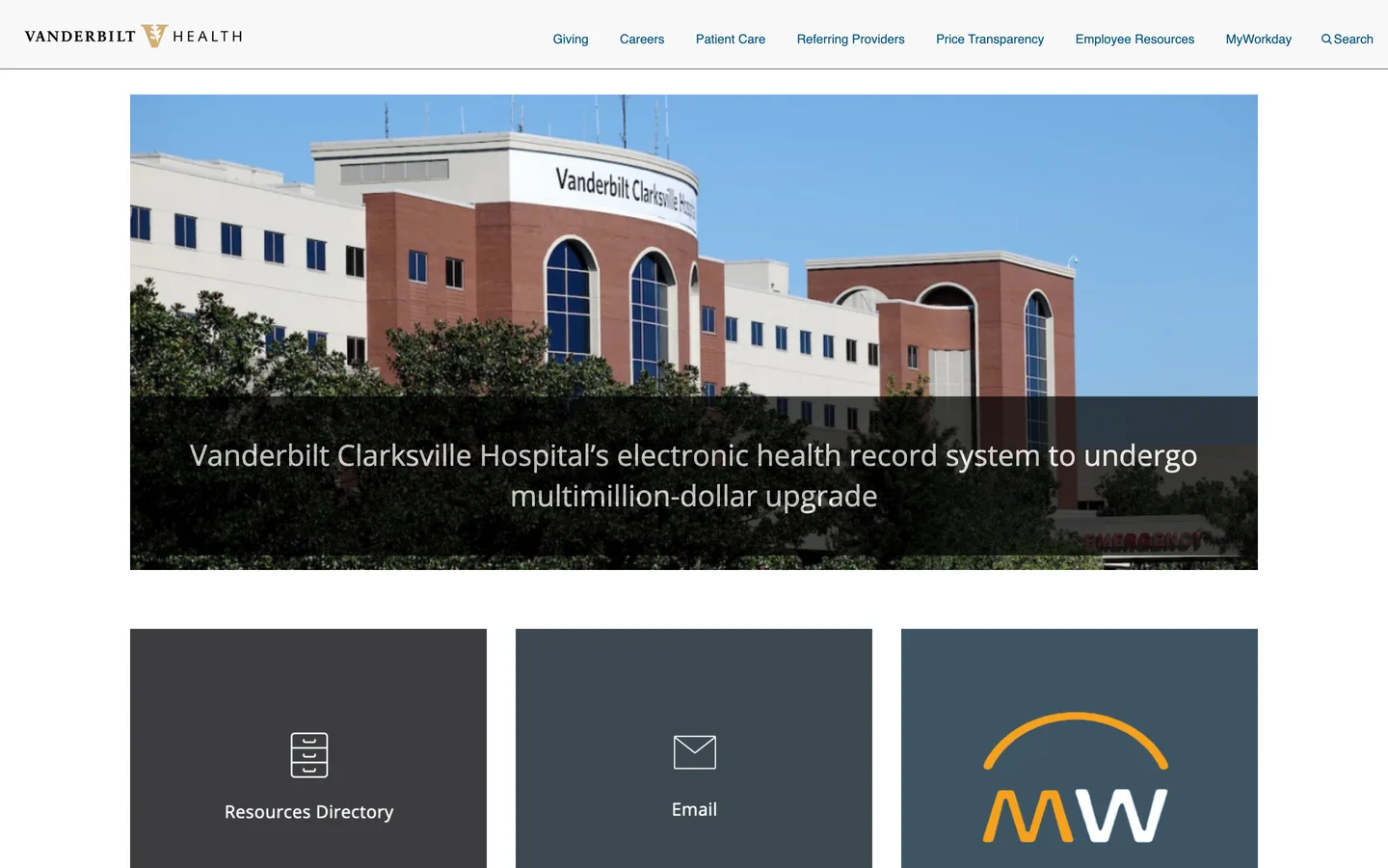 Vanderbilt Health homepage with a hospital photo news hero and three dark tiles for Resources Directory, Email and MyWorkday