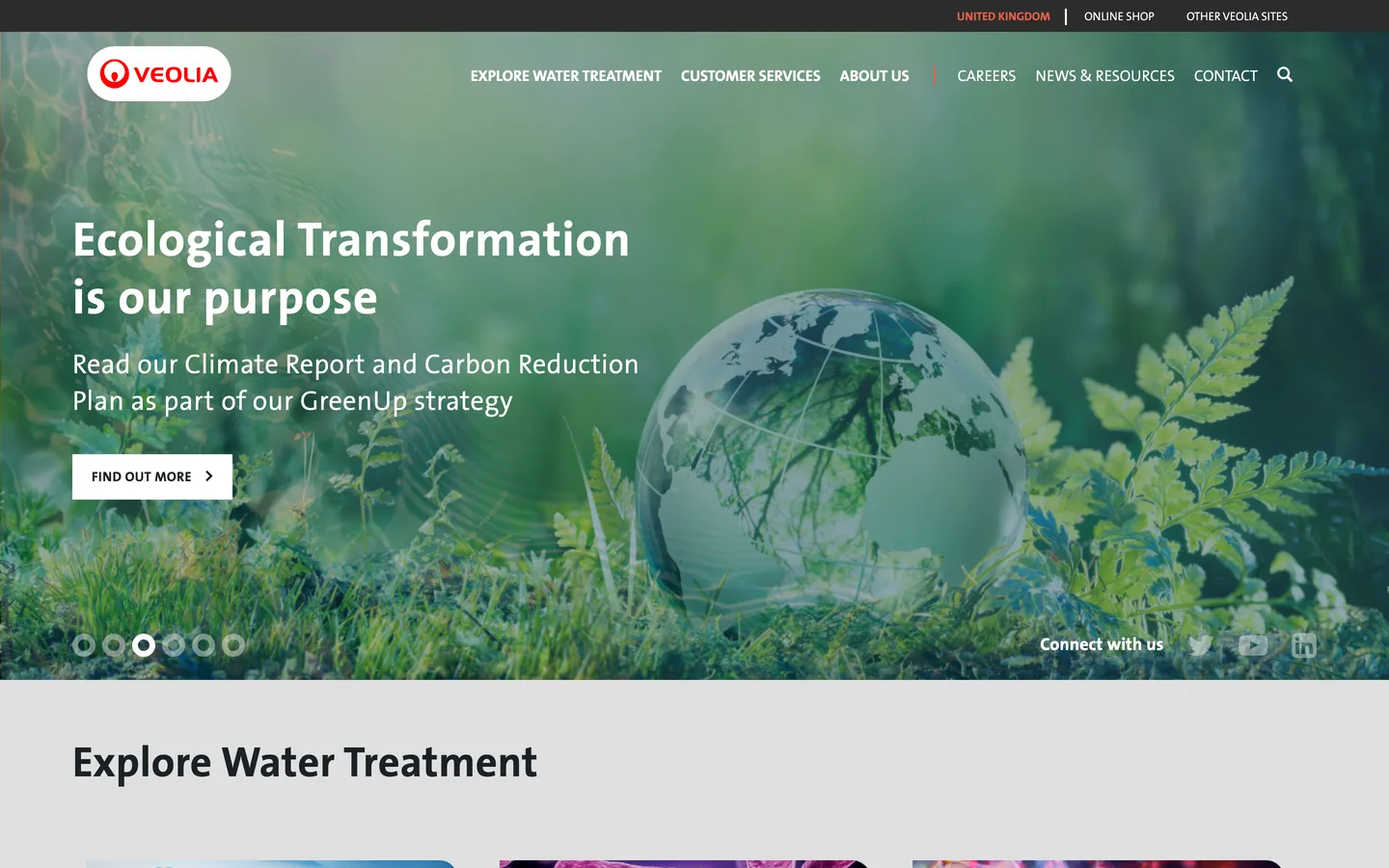 Veolia Water Technologies UK homepage with a green glass-globe hero reading Ecological Transformation is our purpose
