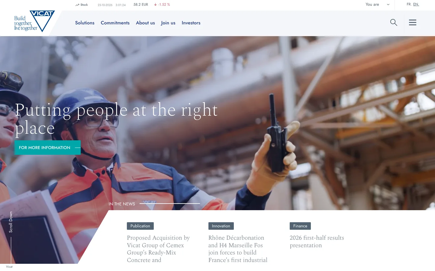 Vicat Group English homepage with a cement-plant worker hero reading Putting people at the right place