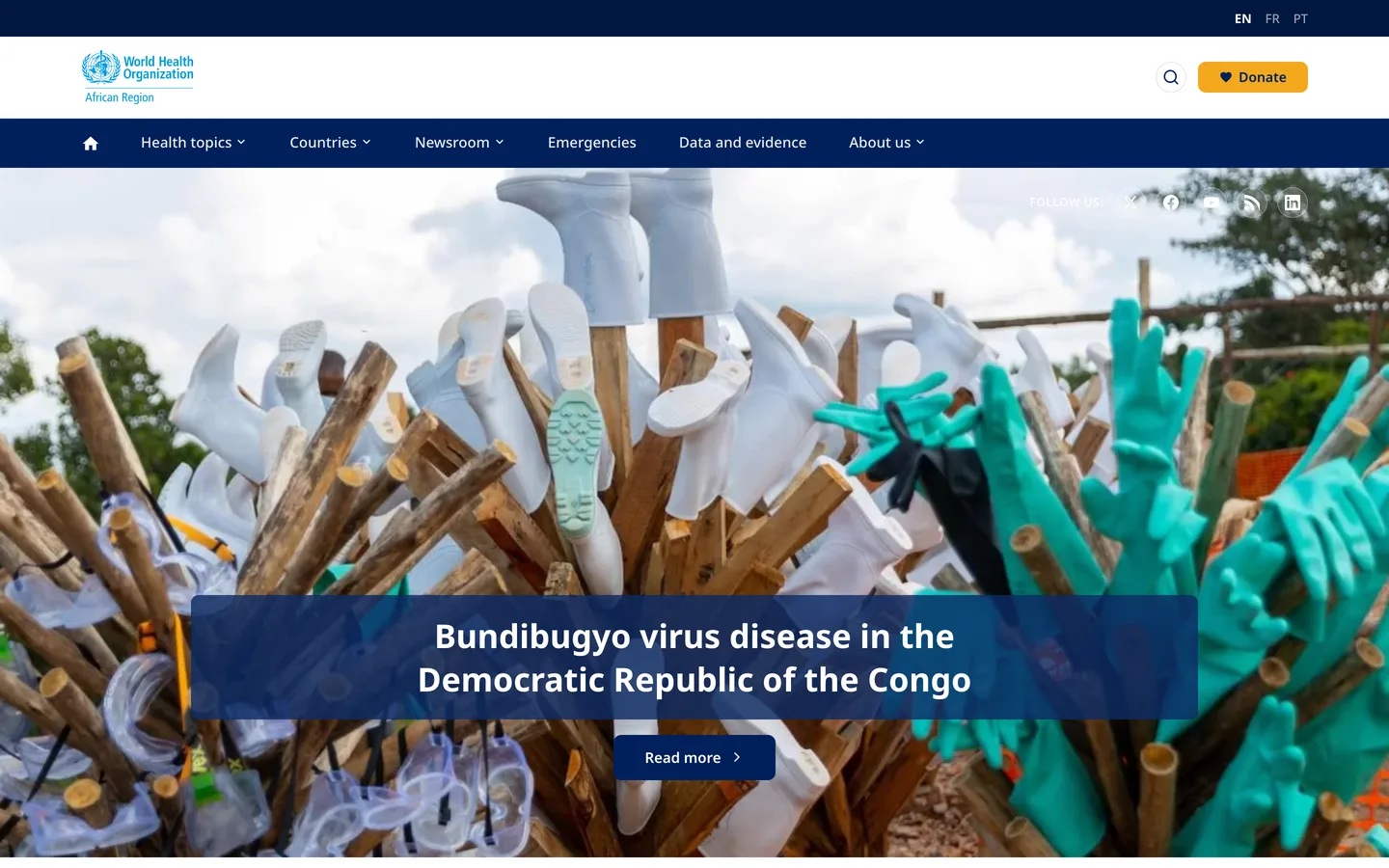 WHO Regional Office for Africa homepage with a protective-equipment photo hero about Bundibugyo virus disease in the DRC