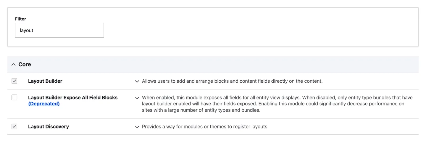 Drupal Extend page filtered on layout, with Layout Builder and Layout Discovery ticked and the deprecated Layout Builder Expose All Field Blocks left unticked