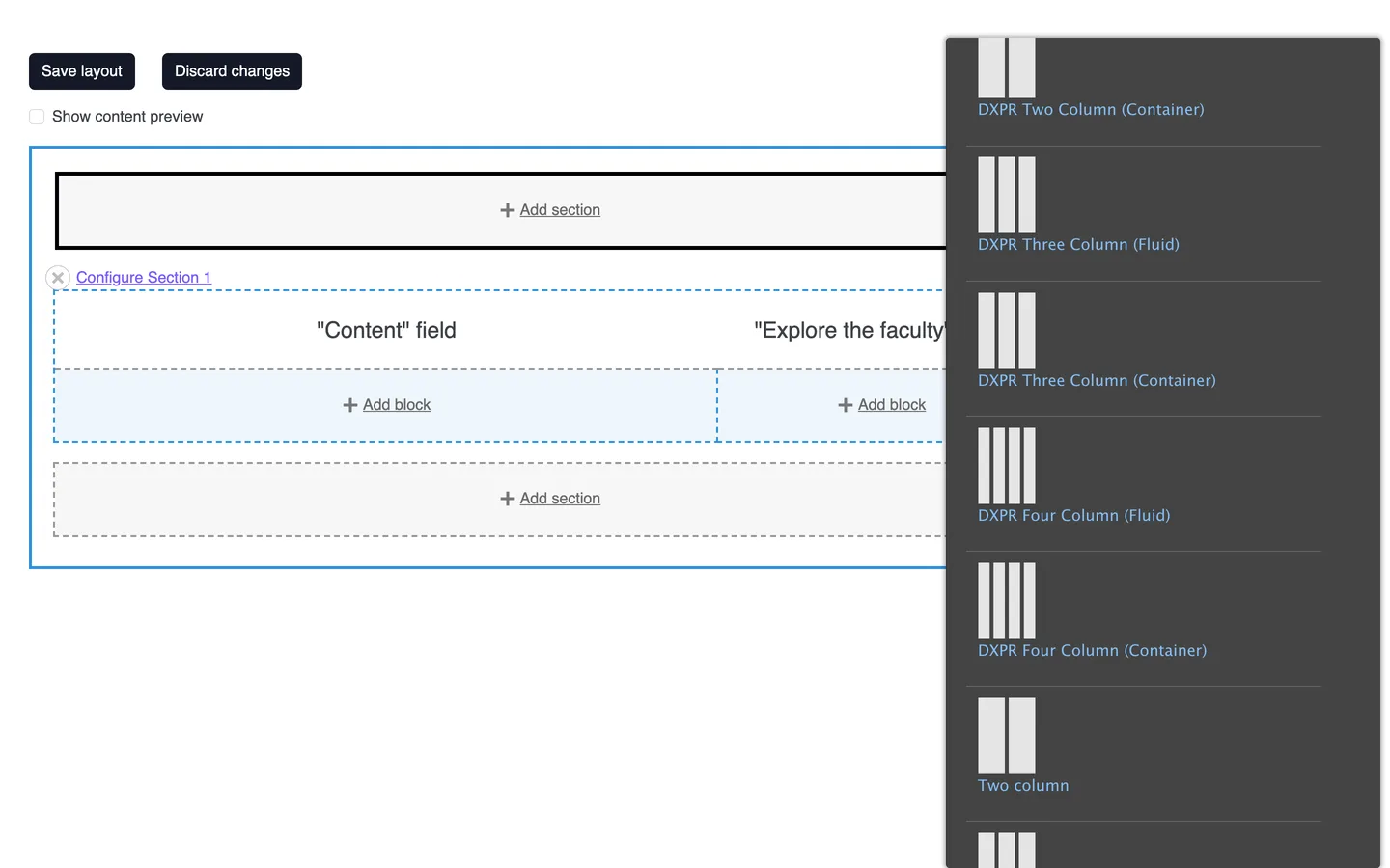Layout Builder Choose a layout tray listing DXPR two, three and four column layouts in container and fluid variants and the core Two column layout