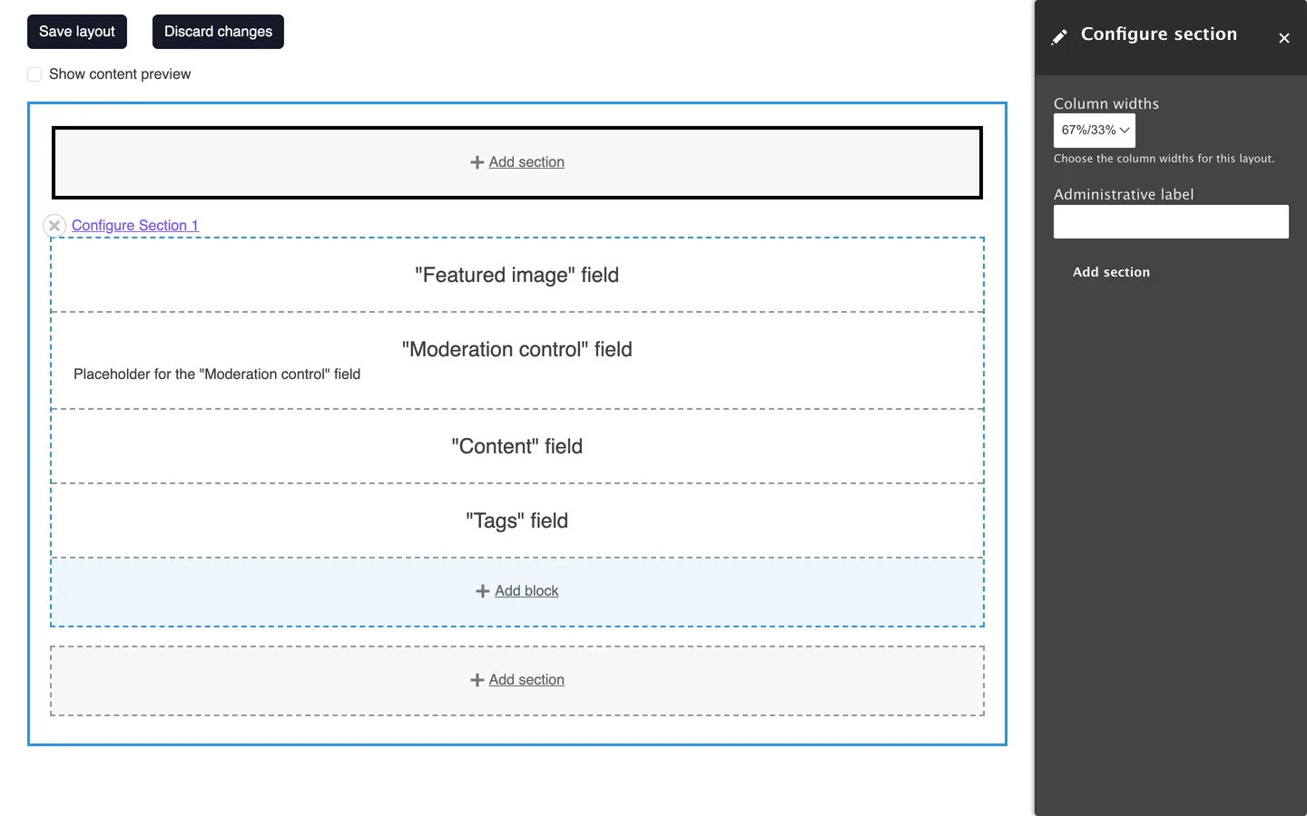 Layout Builder Configure section tray with the column widths set to 67%/33%, an empty administrative label and an Add section button