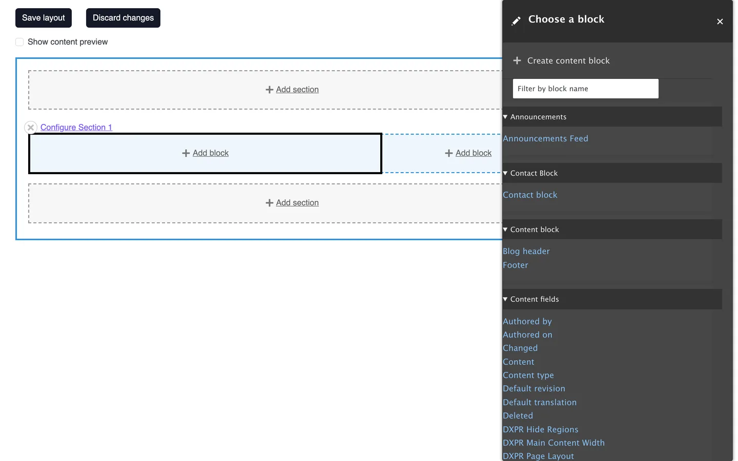 Layout Builder Choose a block tray with Create content block, a filter field and block categories such as Announcements, Contact Block, Content block and Content fields