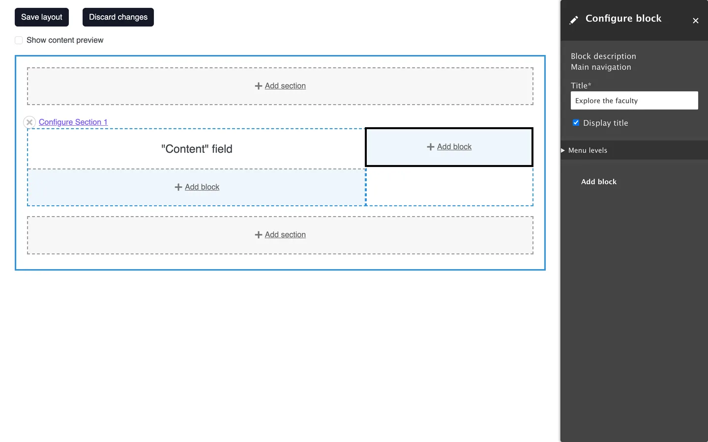 Layout Builder Configure block tray for the Main navigation menu block titled Explore the faculty with Display title ticked