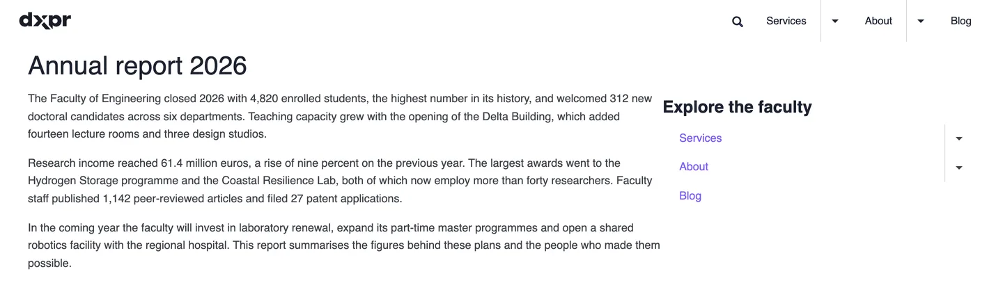 An Annual report 2026 page rendered with the saved default layout: body text on the left and the Explore the faculty menu on the right