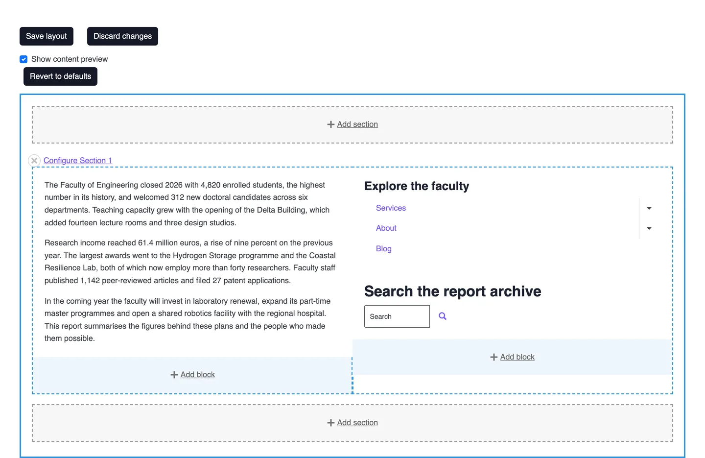 Layout Builder override of a single page with Show content preview ticked, a Revert to defaults button, the report text on the left and the menu with a Search the report archive block on the right