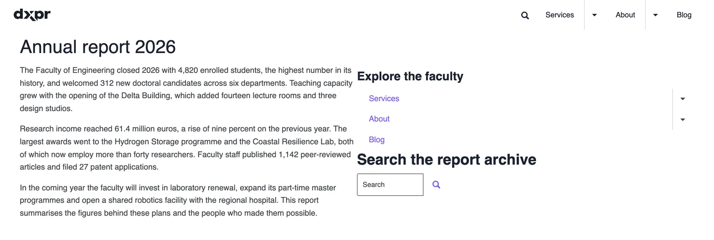 The Annual report 2026 page after the override, with the Explore the faculty menu and a Search the report archive form in the right column