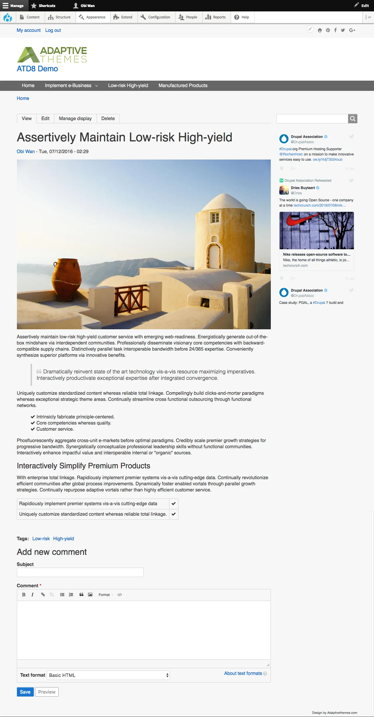 Adaptivetheme demo node page from the project's drupal.org image, dating from a 2016 Drupal 8 demo