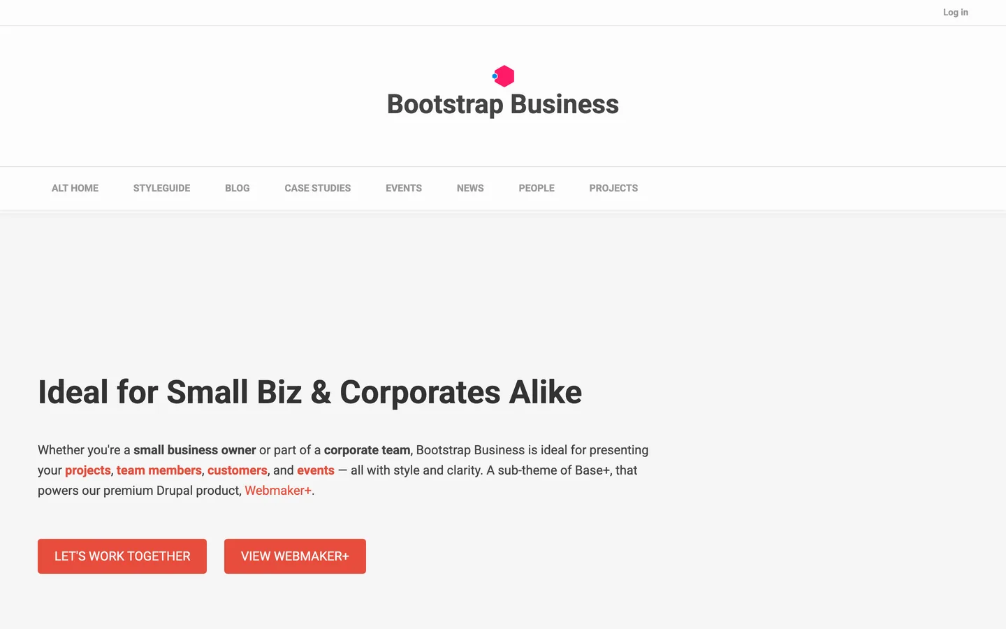 Bootstrap Business theme demo homepage with a centred logo, an uppercase menu bar and a light hero