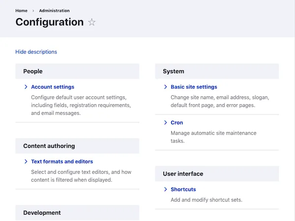 Claro admin theme Configuration page from the project's drupal.org image with breadcrumb and grey cards