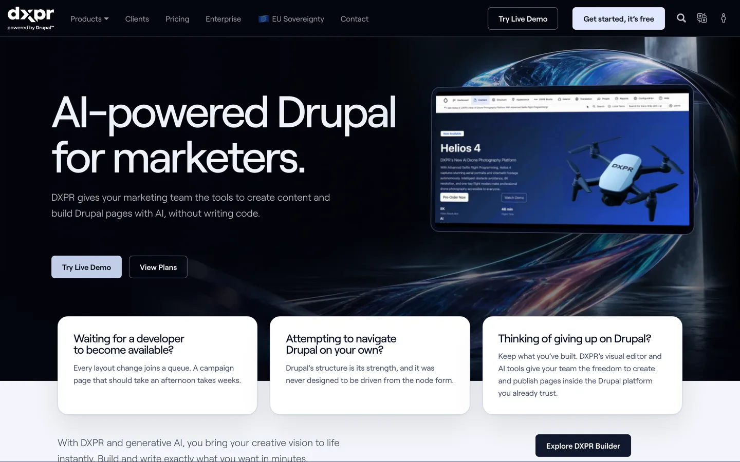 dxpr.com homepage built with DXPR Theme: a dark hero reading AI-powered Drupal for marketers beside a product screenshot