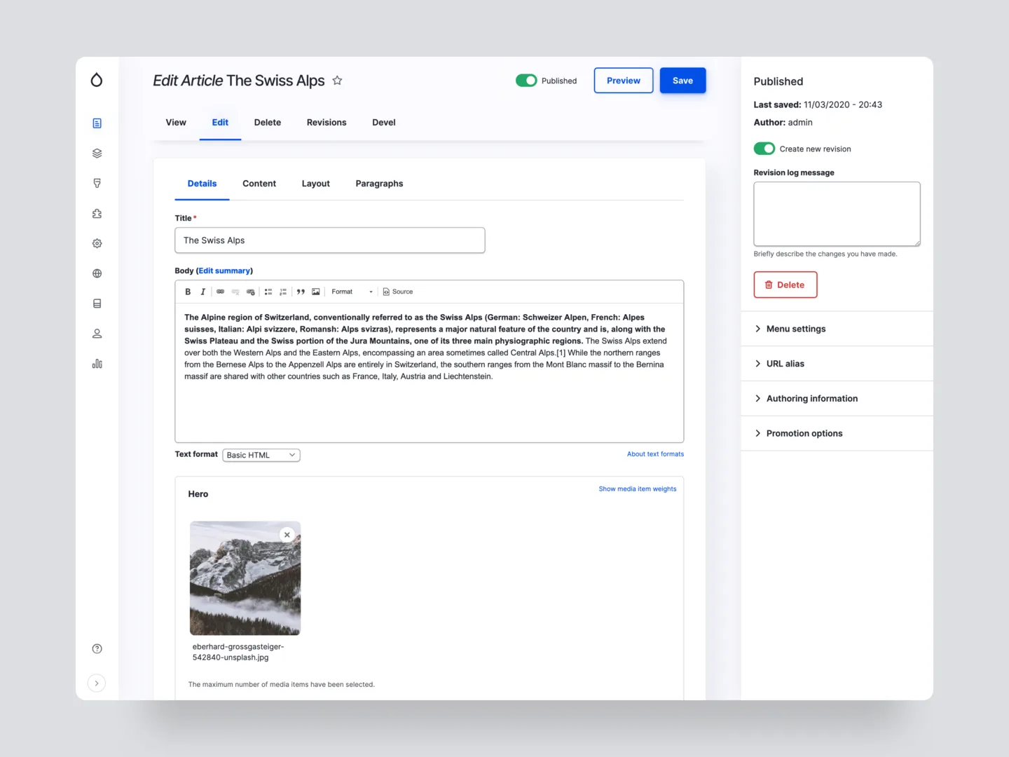 Gin admin theme node edit form from the project page with a vertical icon toolbar on the left