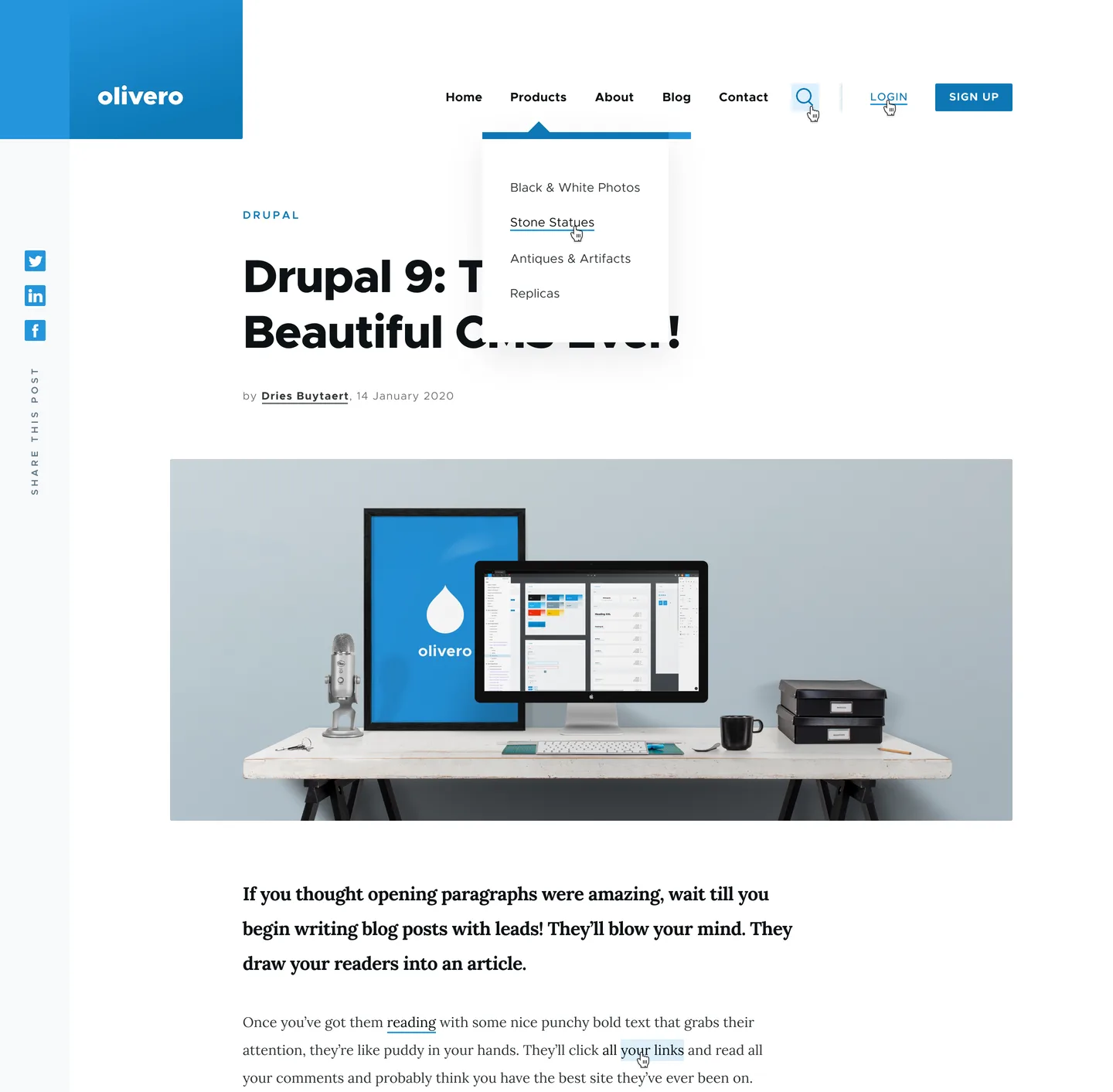 Olivero design rendering from the project's drupal.org image with a blue logo block and an open Products drop-down menu