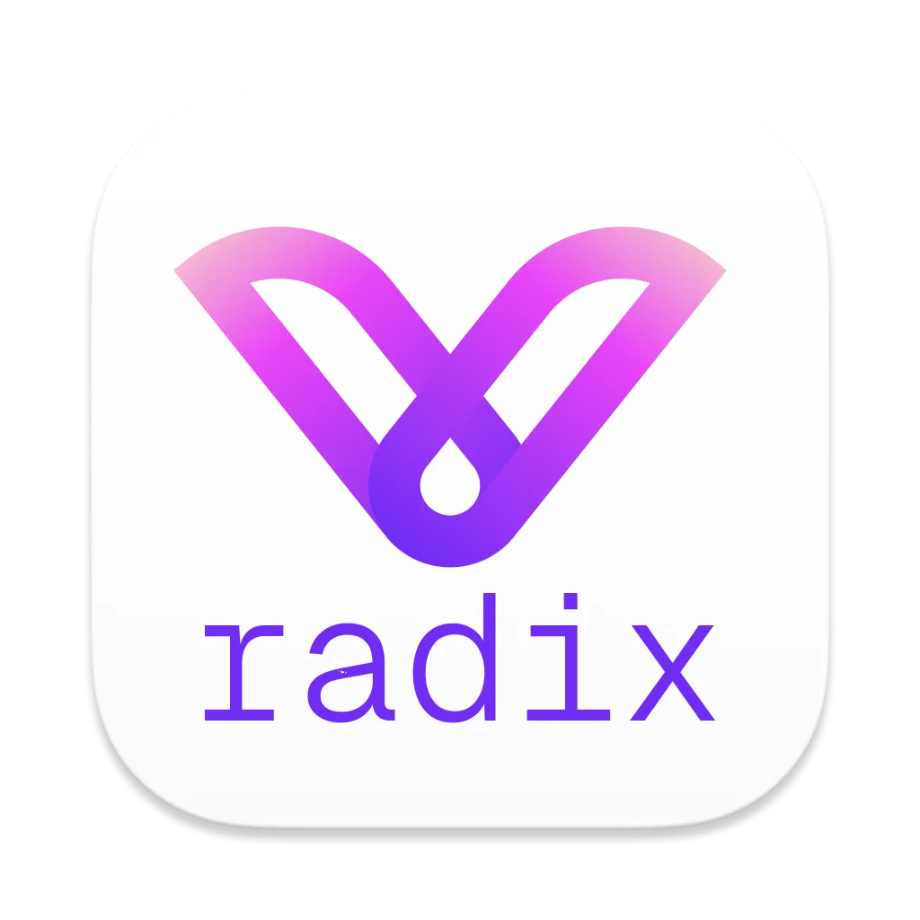 Radix logo, a purple and pink V-shaped mark above the word radix, the only project image on the Radix drupal.org page