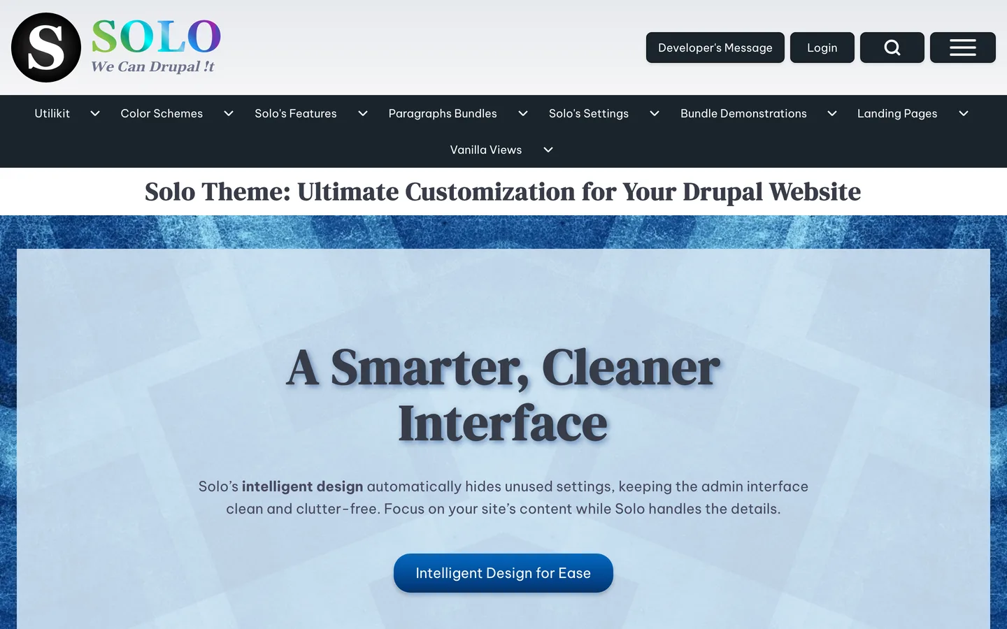 Solo theme demo homepage with the Solo logo, a dark multi-level menu bar and a heading about ultimate customization