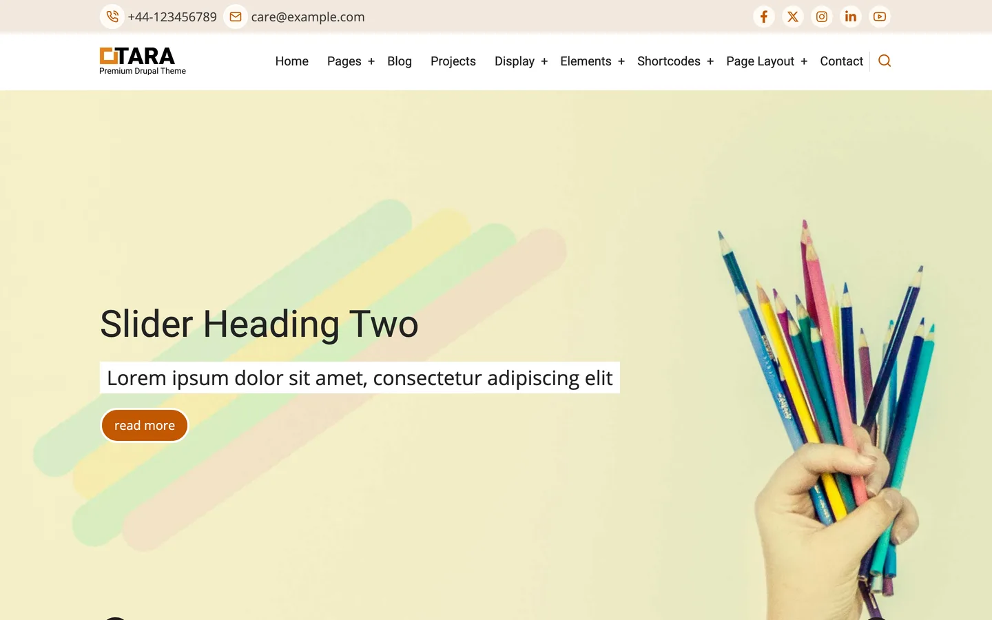 Tara theme demo homepage with a contact bar, the Tara logo and menu, and a pastel hero slider with coloured pencils