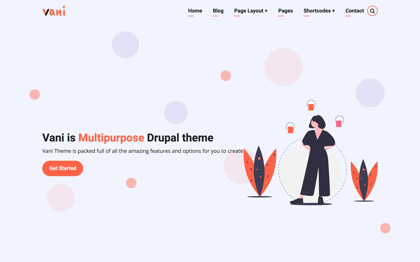 Vani theme demo homepage with the Vani logo and menu and a lavender hero reading Vani is Multipurpose Drupal theme