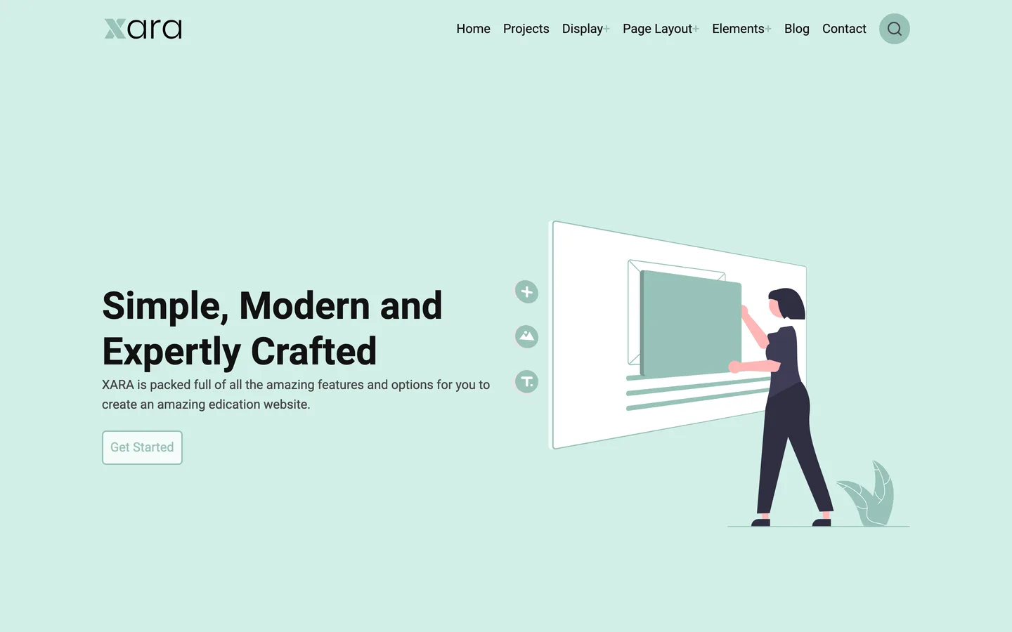 Xara theme demo homepage with the xara logo and menu and a mint-green hero reading Simple, Modern and Expertly Crafted