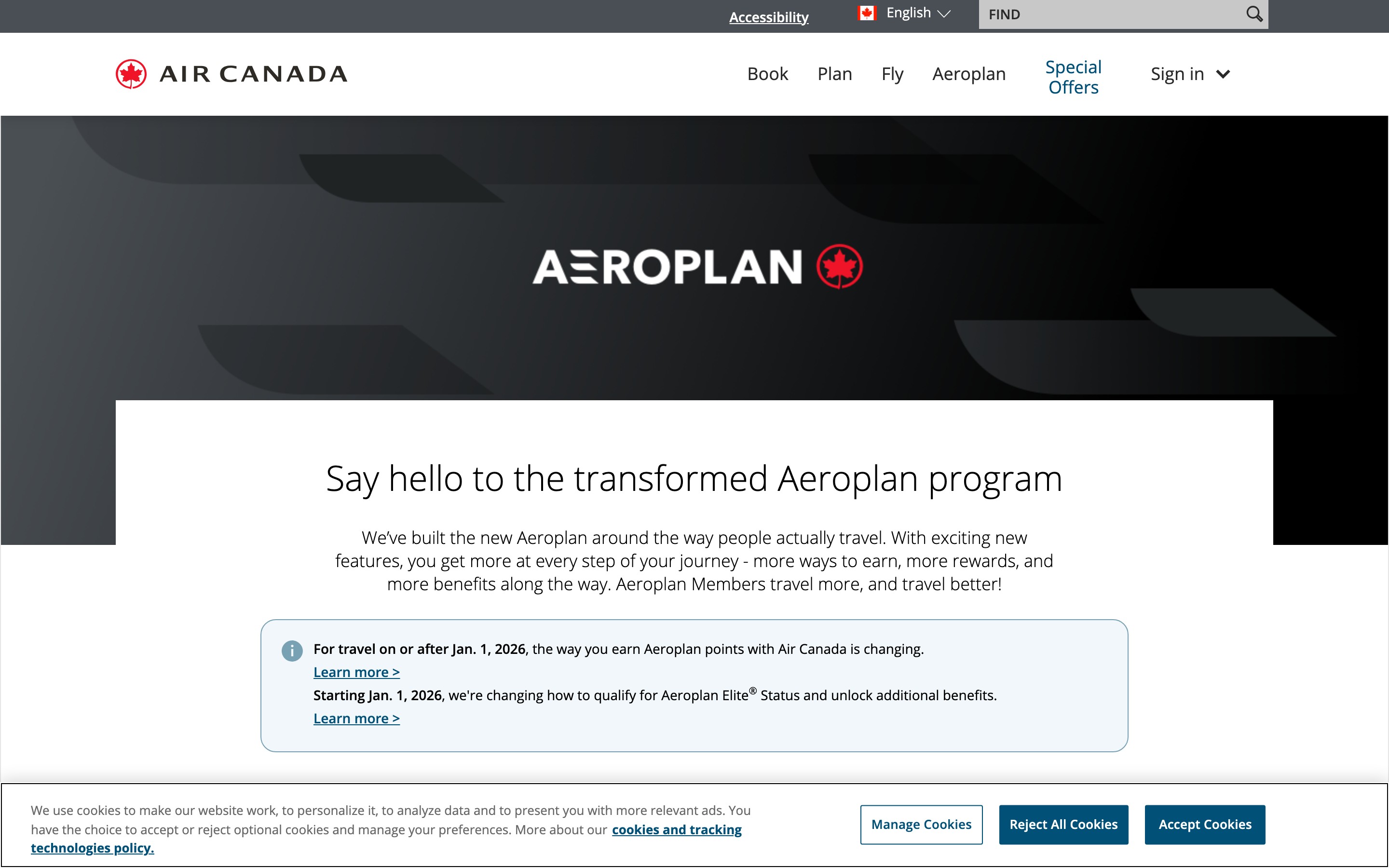 Screenshot of the Air Canada Aeroplan loyalty program page