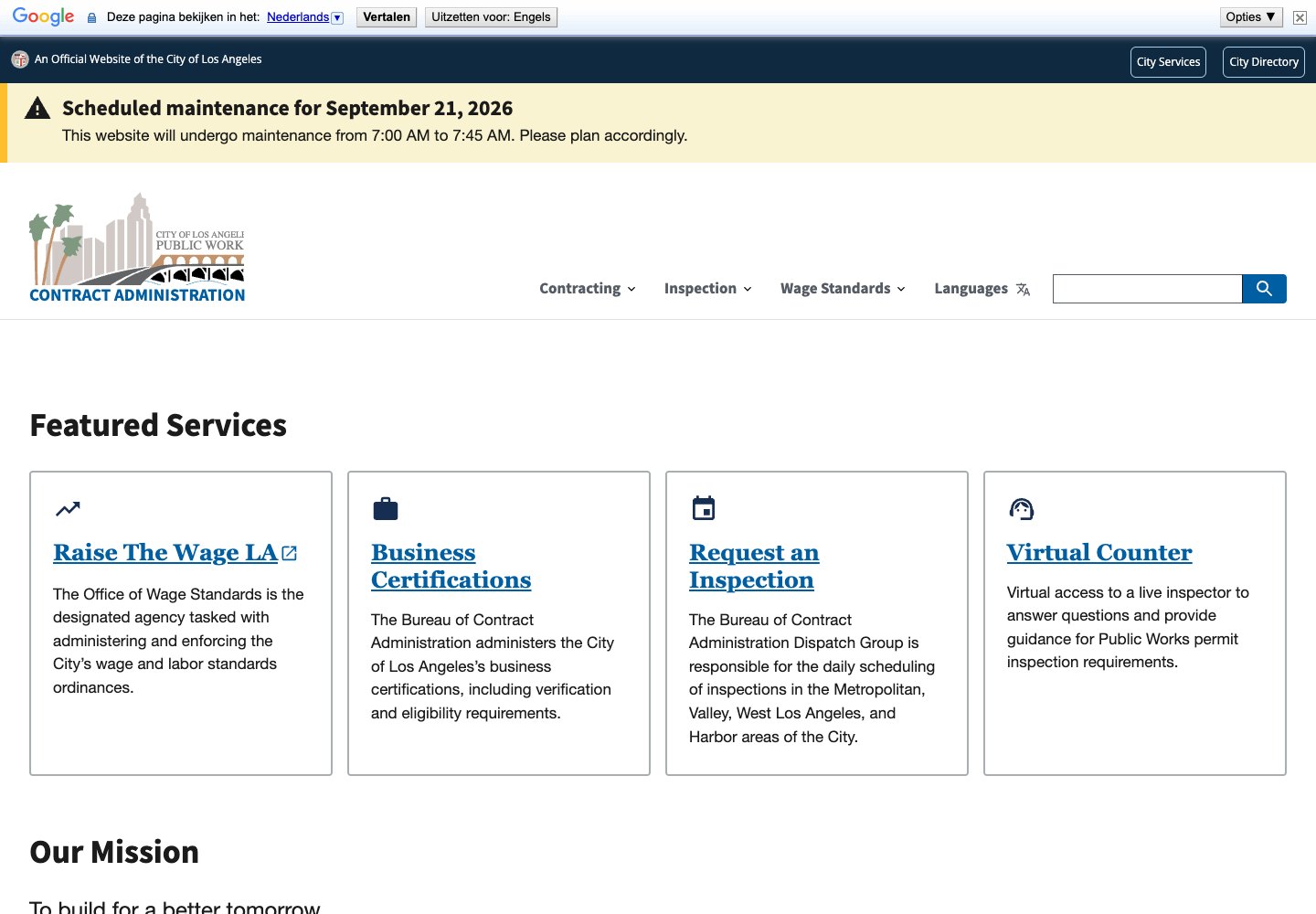 City of Los Angeles &mdash; Bureau of Contract Administration: public services webpage