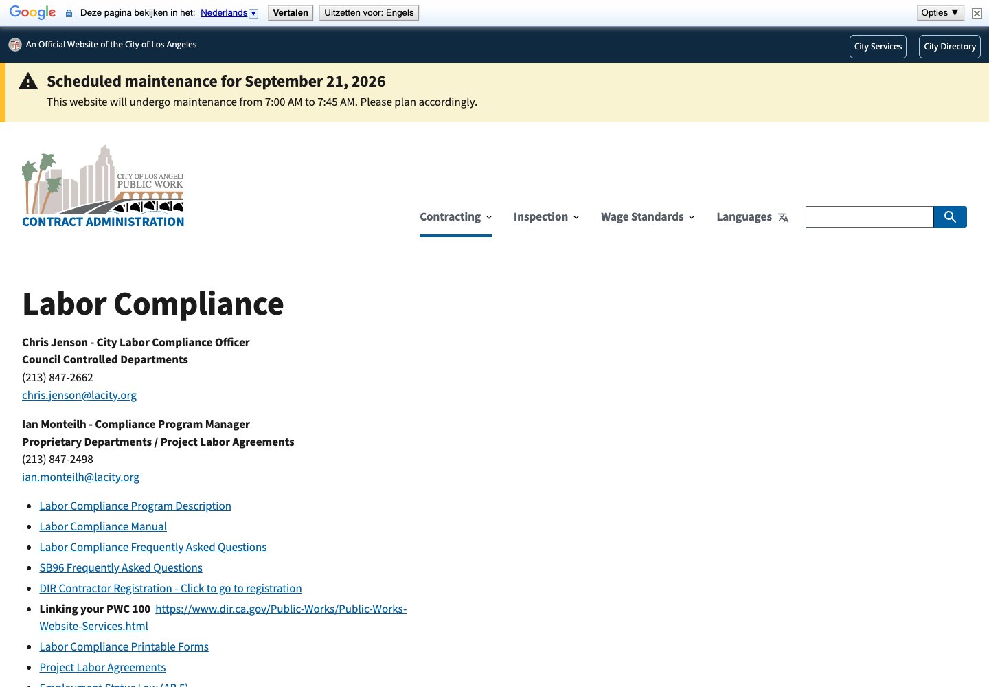 City of Los Angeles &mdash; Bureau of Contract Administration: wage standards webpage