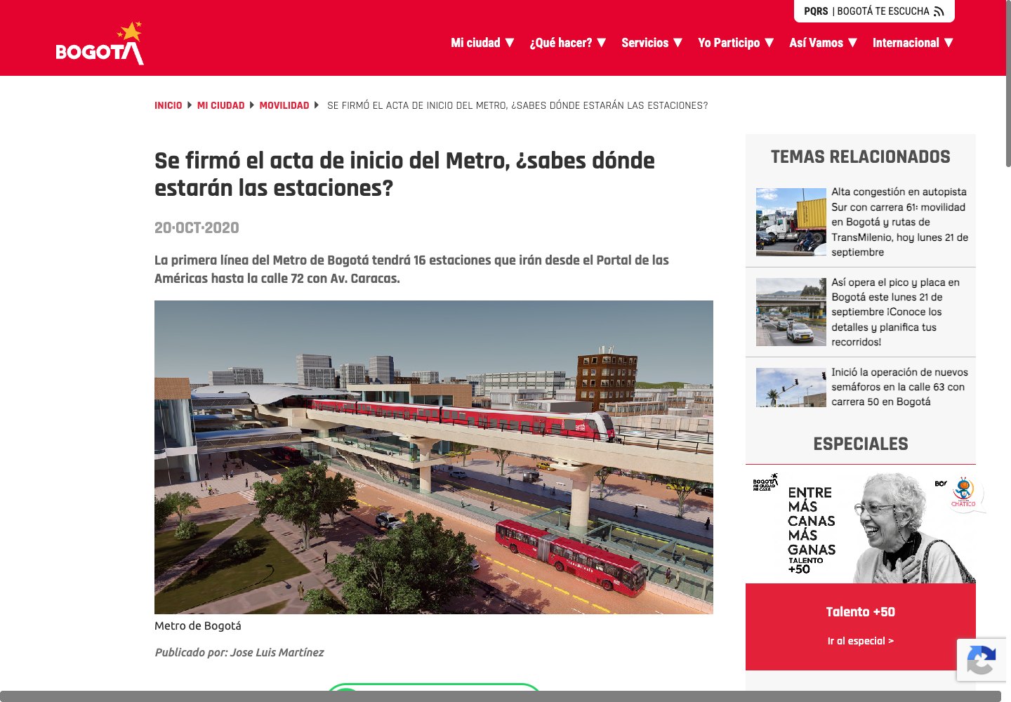 Metro de Bogot&aacute;: stations webpage