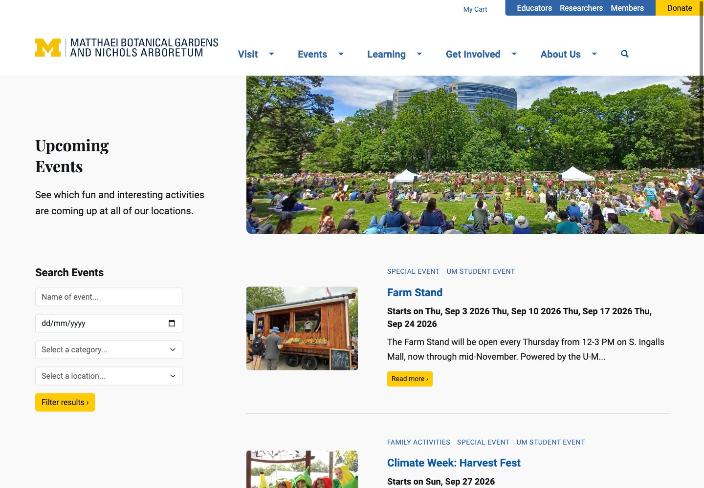 University of Michigan &mdash; Matthaei Botanical Gardens & Nichols Arboretum: events webpage