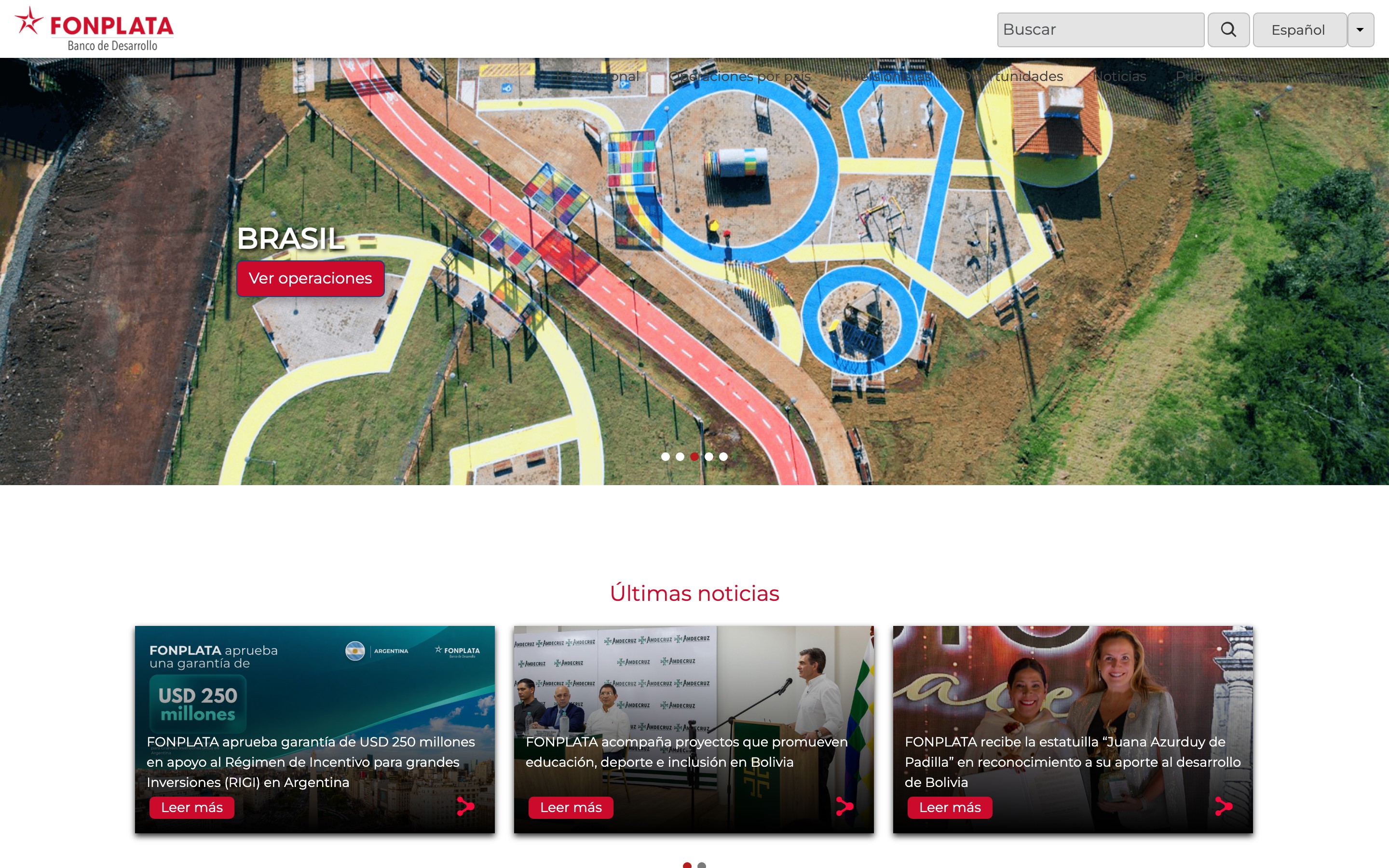 FONPLATA Spanish homepage with country operations hero and latest news cards