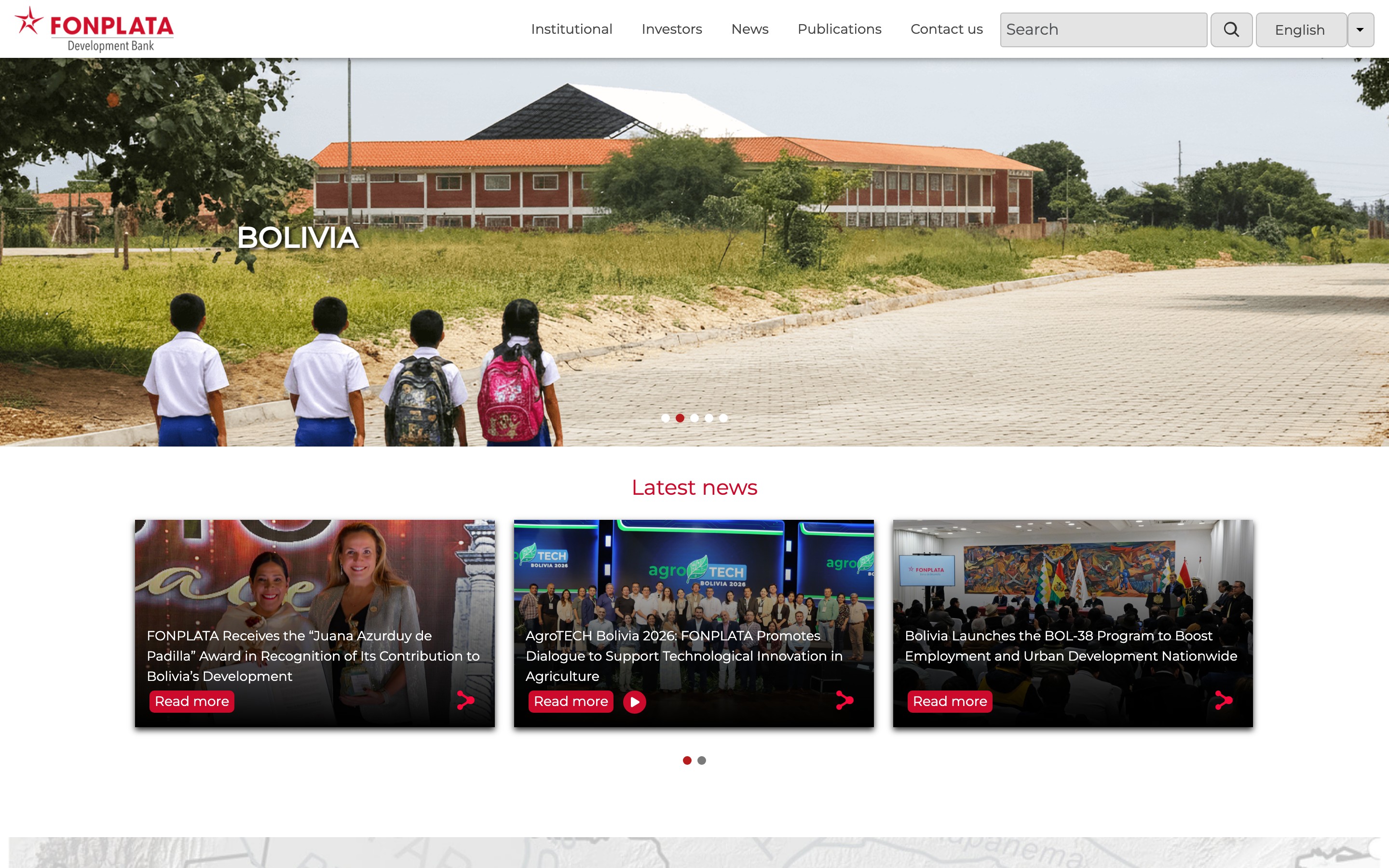 FONPLATA English homepage with Bolivia operations hero and latest news