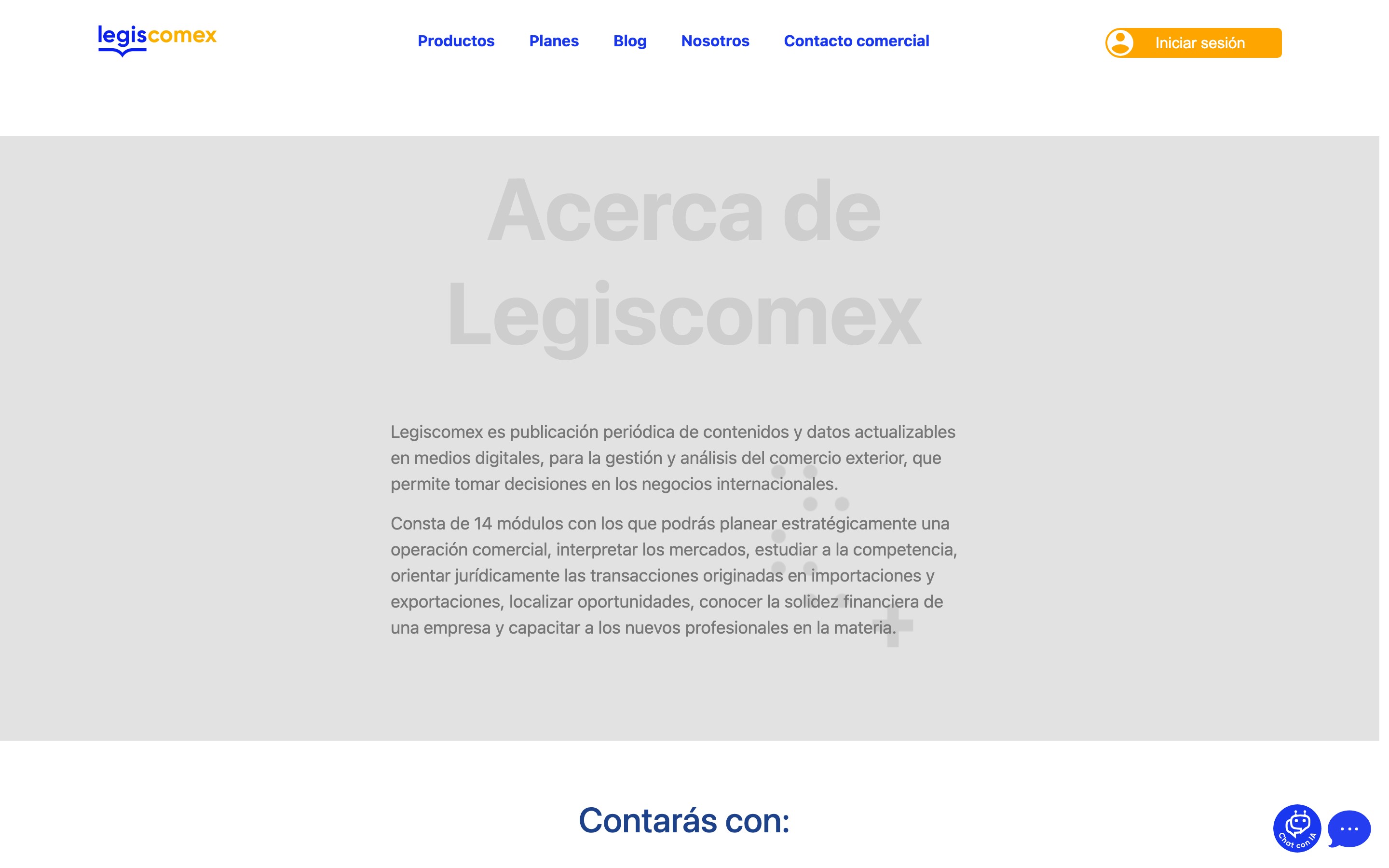 Legiscomex about page describing the 14-module trade library, built with DXPR Builder