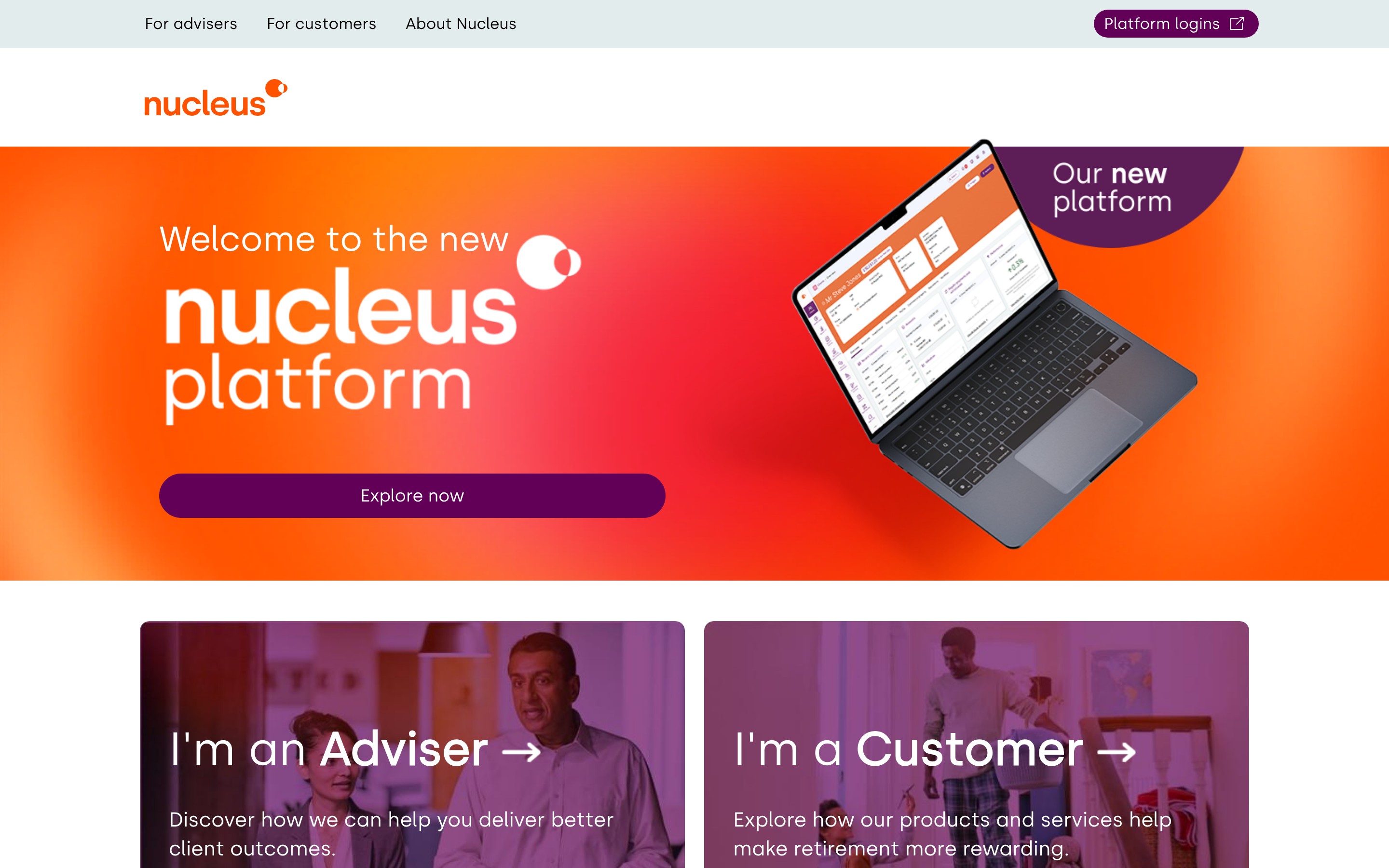 Nucleus Financial homepage introducing the new Nucleus platform