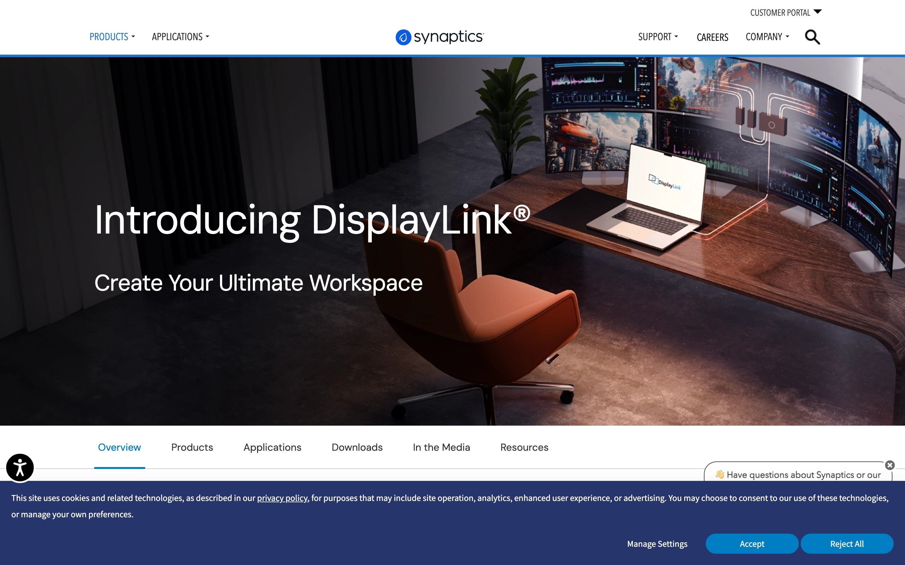 Synaptics DisplayLink product page with workspace imagery, built with DXPR Builder