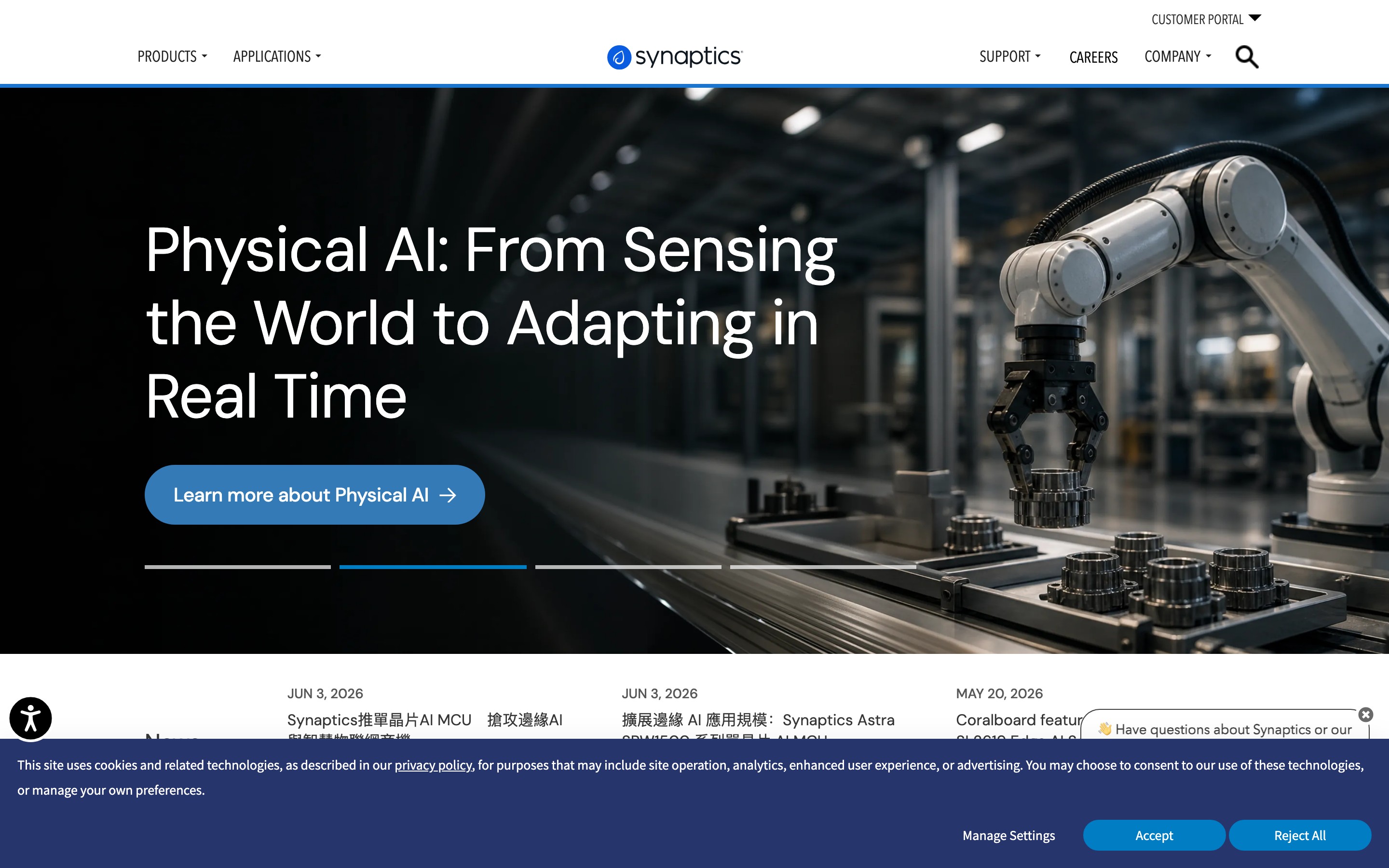 Synaptics homepage hero promoting Physical AI, built with DXPR Builder