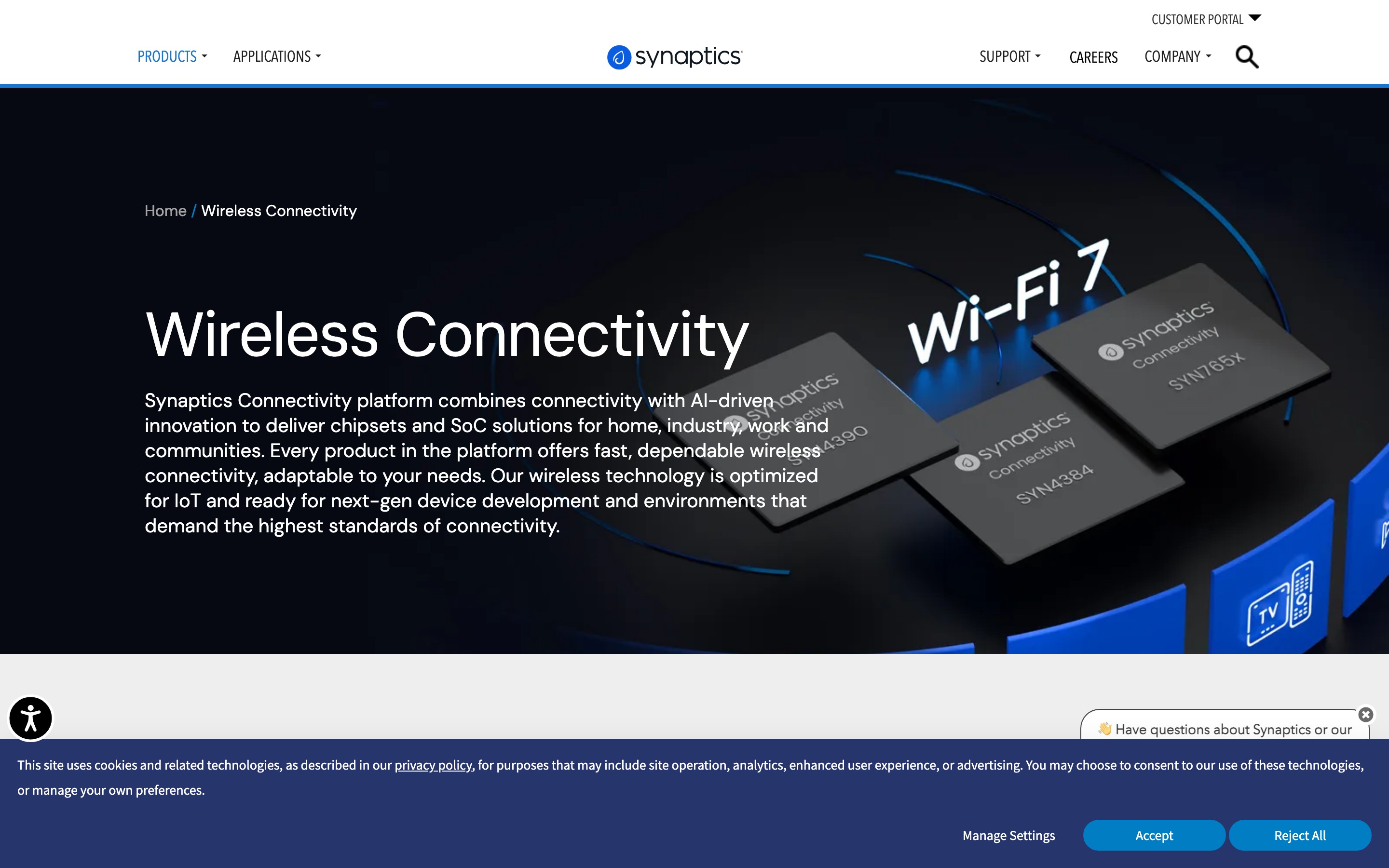Synaptics Wireless Connectivity page featuring Wi-Fi 7 chipsets, built with DXPR Builder