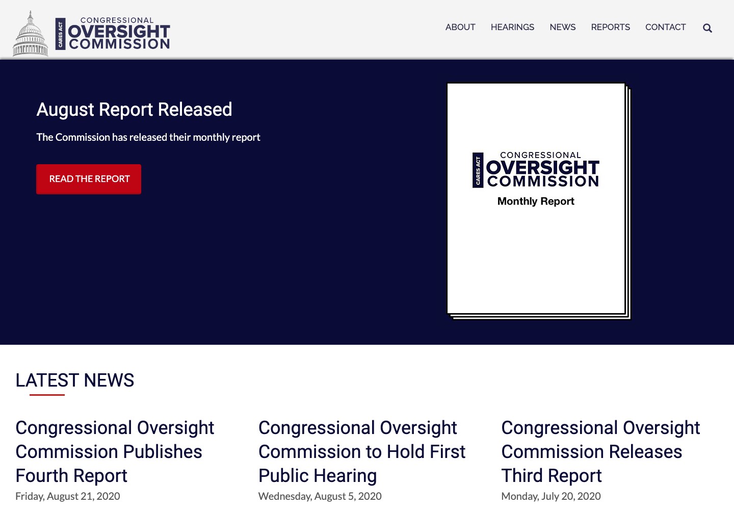 Congressional Oversight Commission homepage in September 2020, highlighting its latest monthly report.
