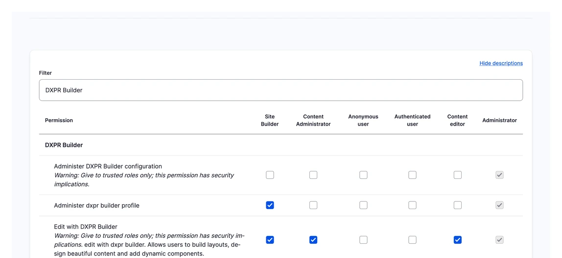 Drupal permissions showing Edit with DXPR Builder grants for different roles.