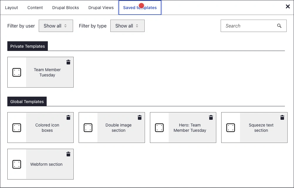 DXPR Builder saved-template picker showing page and section templates.
