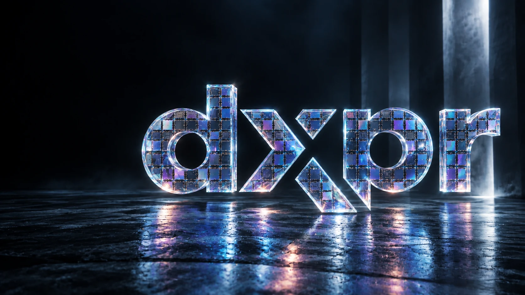 DXPR wordmark rendered in optical glass with embedded silicon chips.