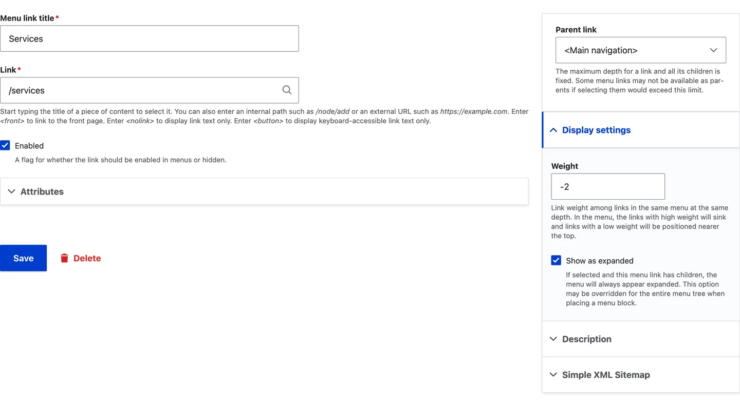 The edit form of the Services menu link with the link /services, the Main navigation as parent and Show as expanded ticked under Display settings